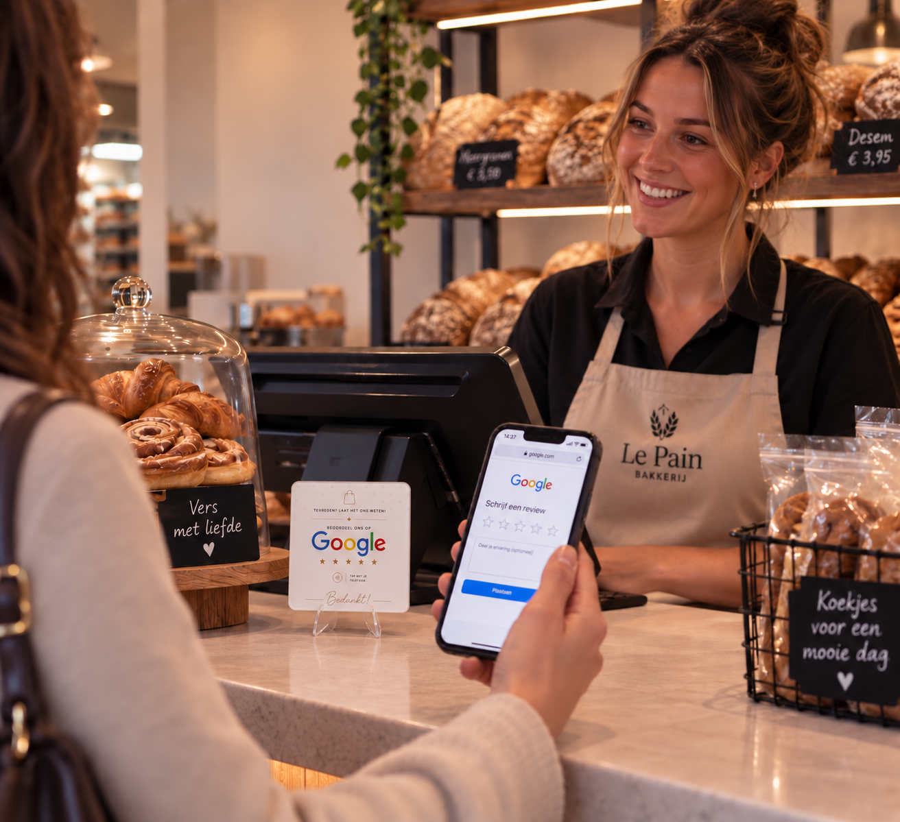 Google Review Card naast het brood aan de kassa