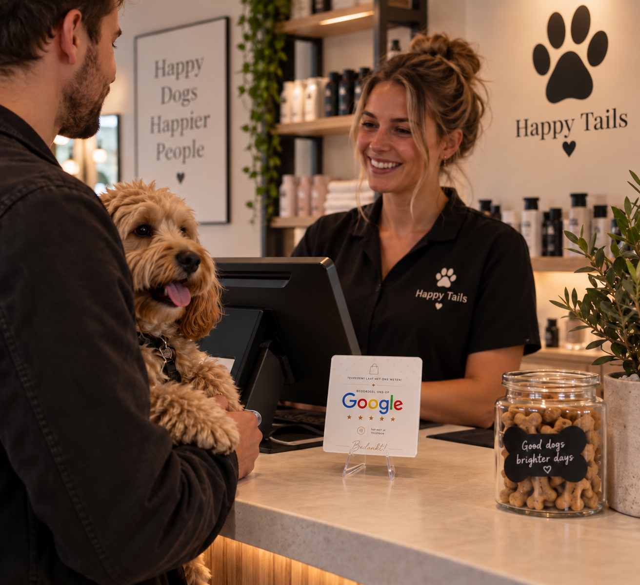 Eigenaar haalt getrimde hond op