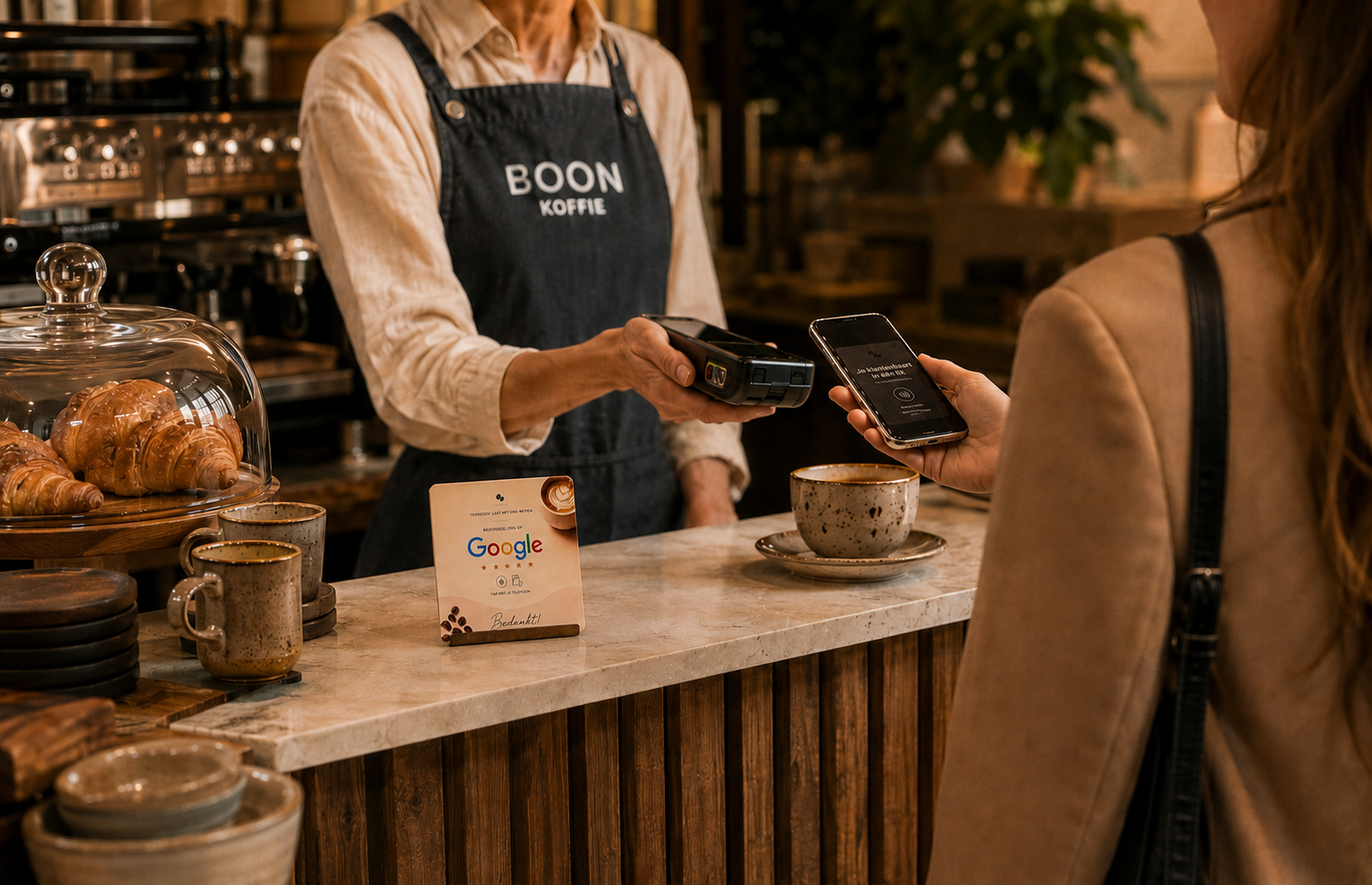 Google Review Card naast koffie aan de kassa