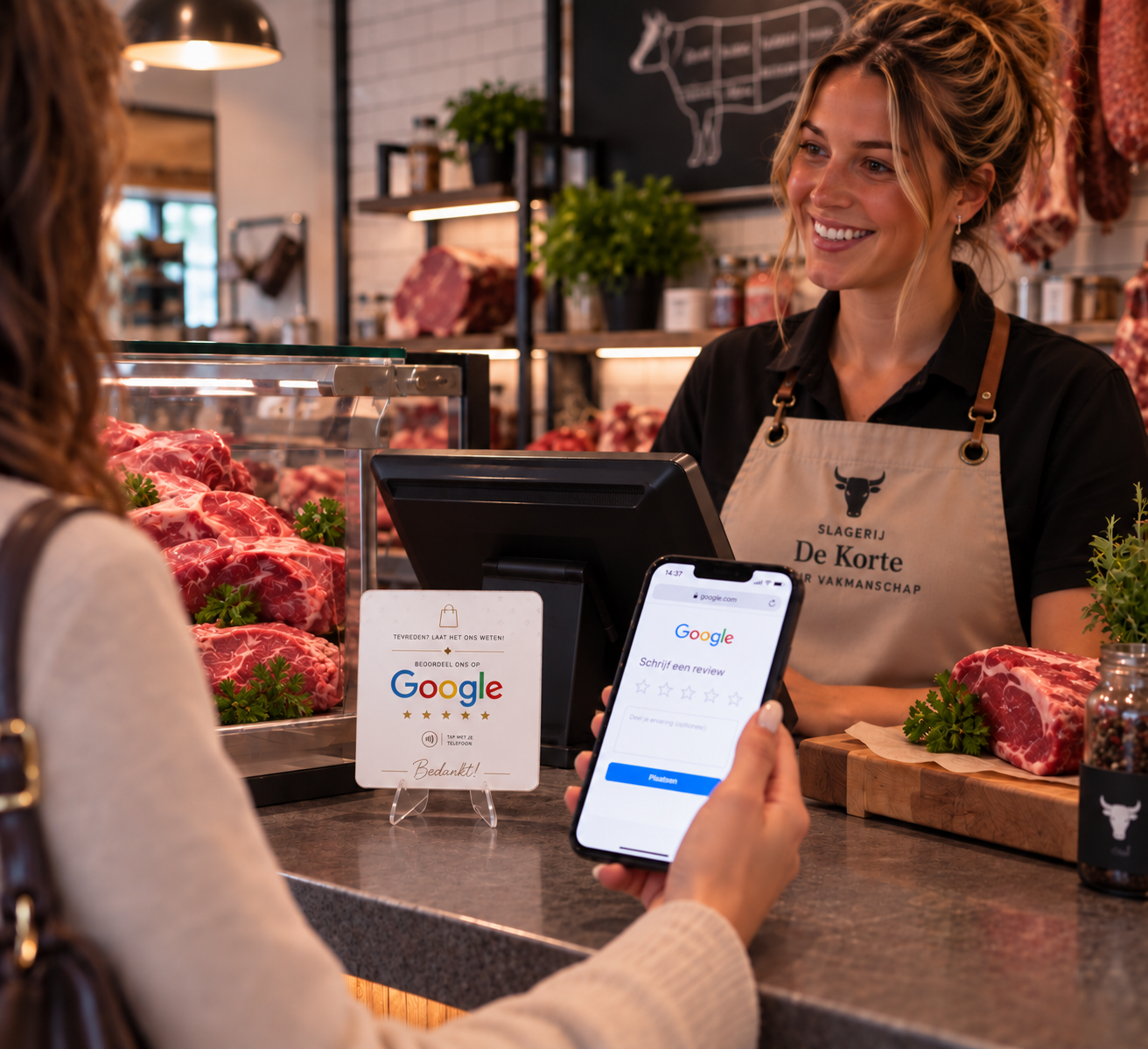 Google Review Card aan de kassa van de slagerij